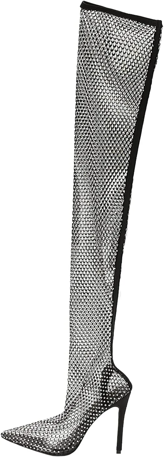 Elbslutt Women's Sparkly Stilettos Mesh Thigh High Boots Pointed Toe High Heels Rhinestones Over The Knee Summer Boots