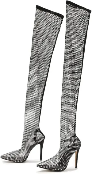 Elbslutt Women's Sparkly Stilettos Mesh Thigh High Boots Pointed Toe High Heels Rhinestones Over The Knee Summer Boots