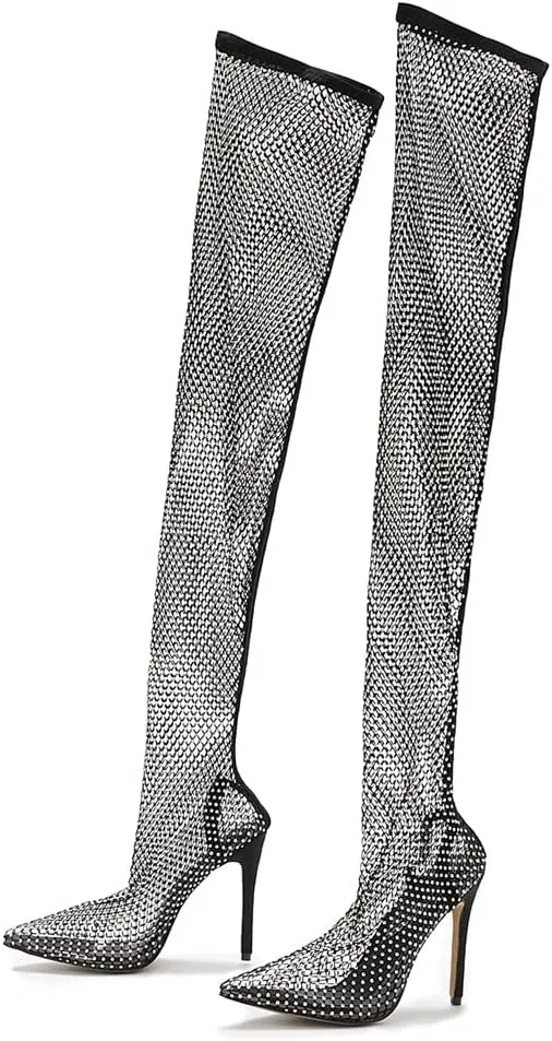 Elbslutt Women's Sparkly Stilettos Mesh Thigh High Boots Pointed Toe High Heels Rhinestones Over The Knee Summer Boots