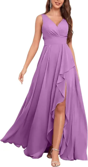 Elegant Chiffon Deep V-Neck Slit Dress - Flowy Layered Ruffled Maxi Gown, Slim-Fit High-Lash Asymmetrical Hem
