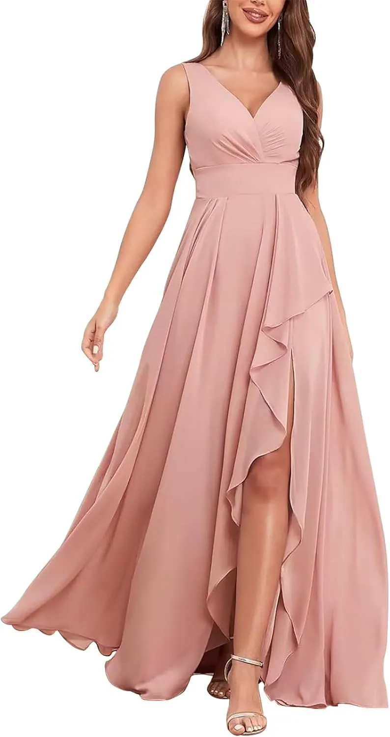 Elegant Chiffon Deep V-Neck Slit Dress - Flowy Layered Ruffled Maxi Gown, Slim-Fit High-Lash Asymmetrical Hem