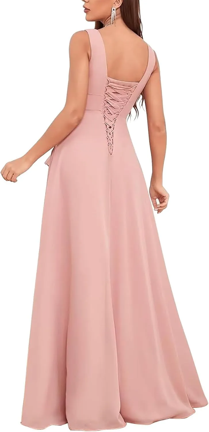 Elegant Chiffon Deep V-Neck Slit Dress - Flowy Layered Ruffled Maxi Gown, Slim-Fit High-Lash Asymmetrical Hem