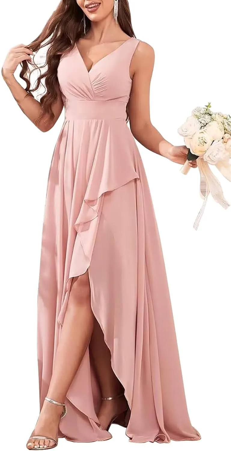 Elegant Chiffon Deep V-Neck Slit Dress - Flowy Layered Ruffled Maxi Gown, Slim-Fit High-Lash Asymmetrical Hem