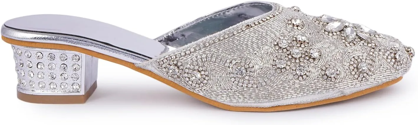 Elegant Handmade Women’s Embroidered Heels – Traditional Indian Ethnic Bridal Sandals with Beaded Zari Work, Comfortable Slip-On Block Heels for Wedding, Party & Festive Wear