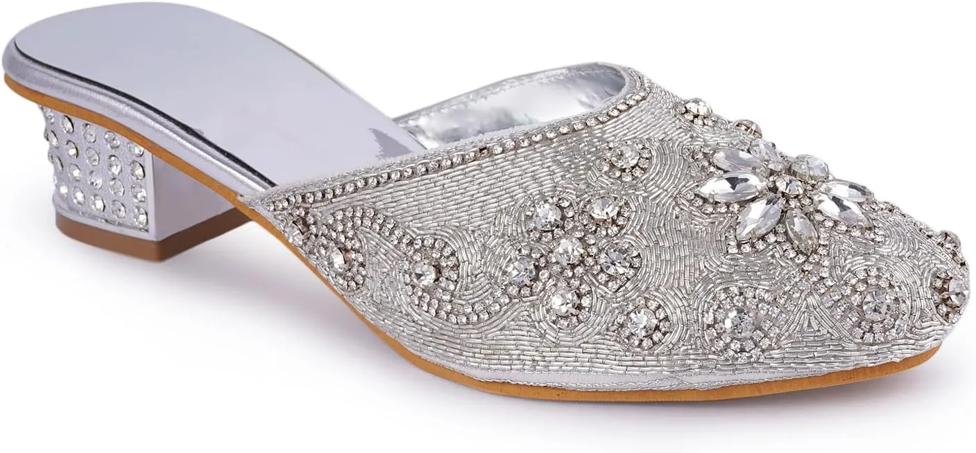 Elegant Handmade Women’s Embroidered Heels – Traditional Indian Ethnic Bridal Sandals with Beaded Zari Work, Comfortable Slip-On Block Heels for Wedding, Party & Festive Wear
