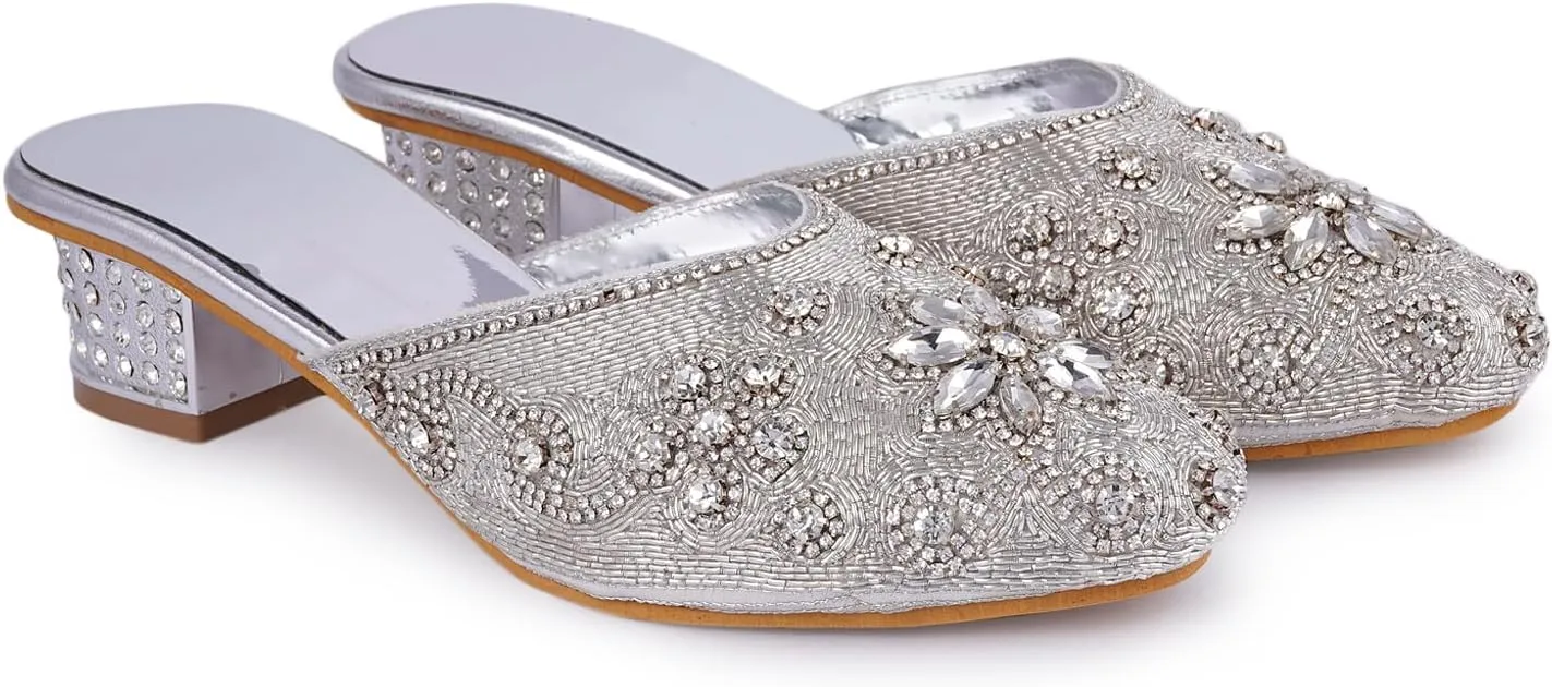 Elegant Handmade Women’s Embroidered Heels – Traditional Indian Ethnic Bridal Sandals with Beaded Zari Work, Comfortable Slip-On Block Heels for Wedding, Party & Festive Wear