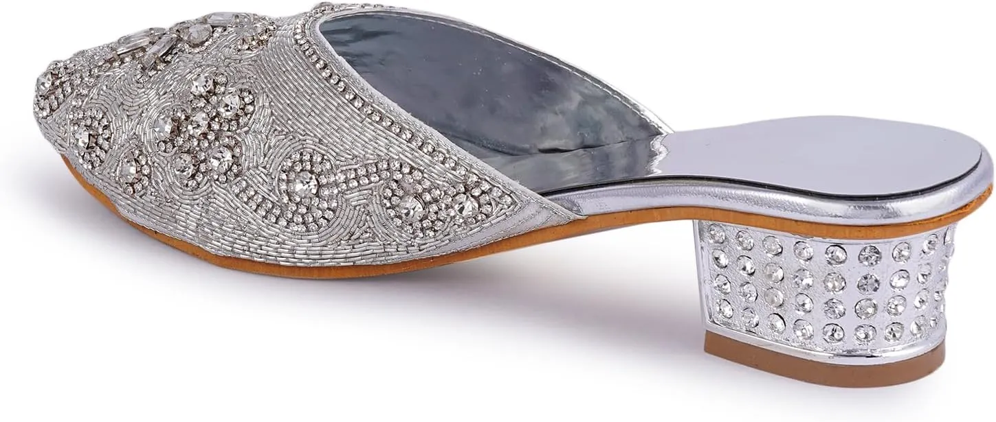 Elegant Handmade Women’s Embroidered Heels – Traditional Indian Ethnic Bridal Sandals with Beaded Zari Work, Comfortable Slip-On Block Heels for Wedding, Party & Festive Wear