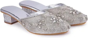 Elegant Handmade Women’s Embroidered Heels – Traditional Indian Ethnic Bridal Sandals with Beaded Zari Work, Comfortable Slip-On Block Heels for Wedding, Party & Festive Wear