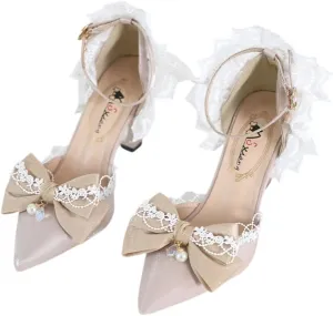 Elegant Lolita High Stiletto Heels Lace Bow Ankle Strap Pump Heeled Sandals Pointed Toe Pumps Women Princess Shoes