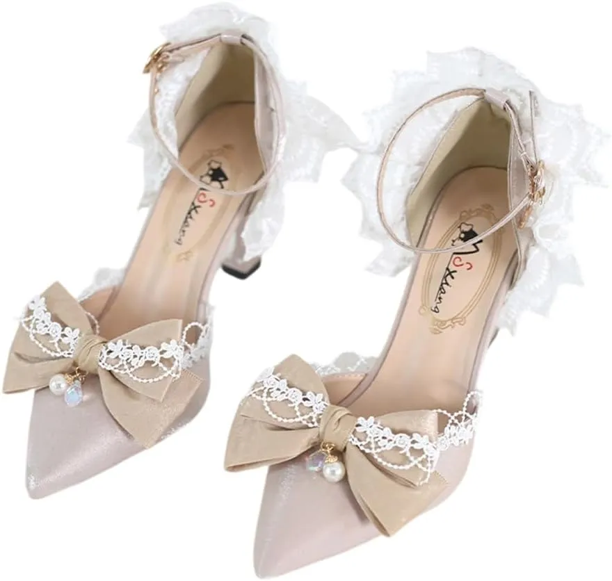 Elegant Lolita High Stiletto Heels Lace Bow Ankle Strap Pump Heeled Sandals Pointed Toe Pumps Women Princess Shoes