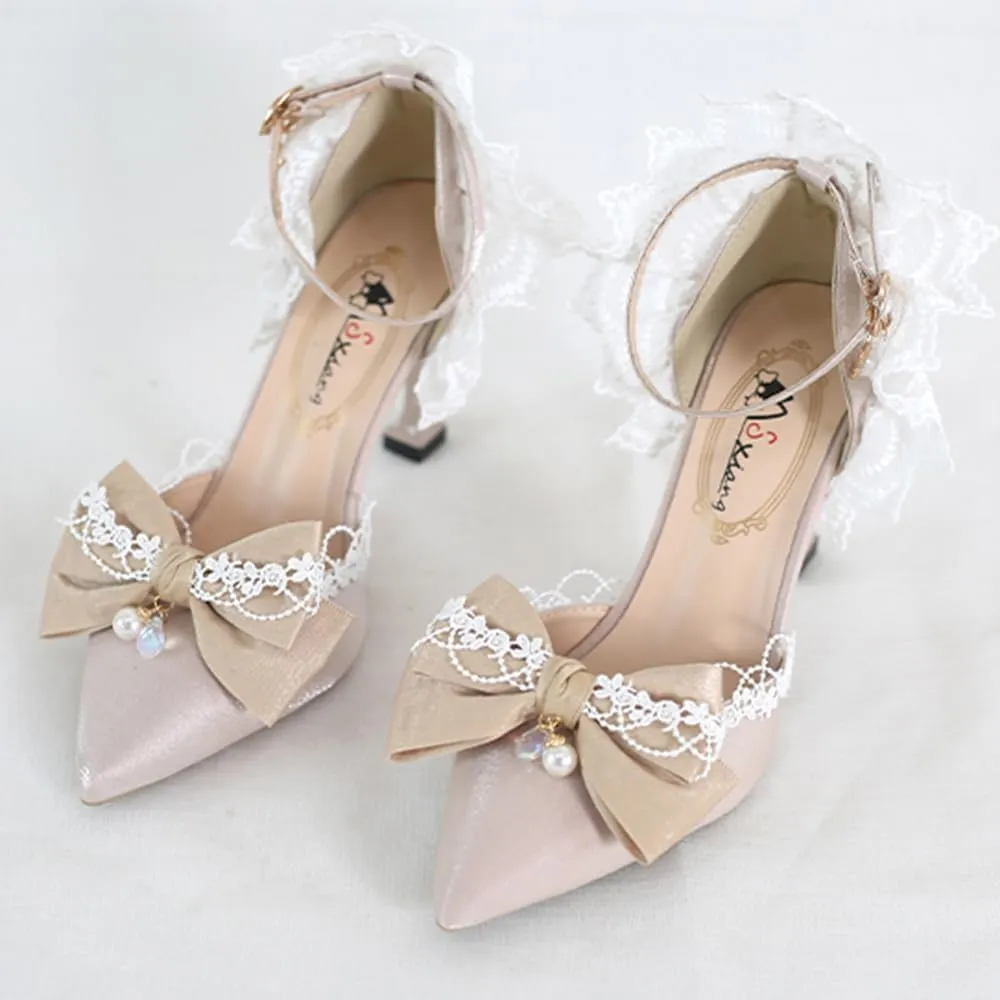 Elegant Lolita High Stiletto Heels Lace Bow Ankle Strap Pump Heeled Sandals Pointed Toe Pumps Women Princess Shoes