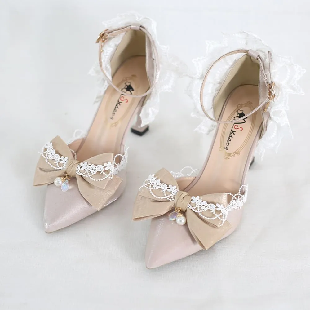 Elegant Lolita High Stiletto Heels Lace Bow Ankle Strap Pump Heeled Sandals Pointed Toe Pumps Women Princess Shoes