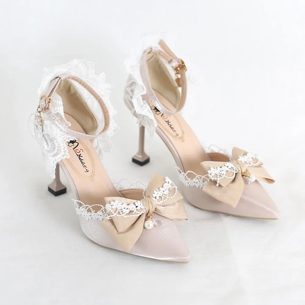 Elegant Lolita High Stiletto Heels Lace Bow Ankle Strap Pump Heeled Sandals Pointed Toe Pumps Women Princess Shoes