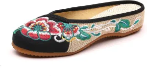 Embroidered Flower Women's Shoes Backless Mules Comfortable Flats Round Toe Loafers Chinese Style Canvas Slippers Cute Sandals