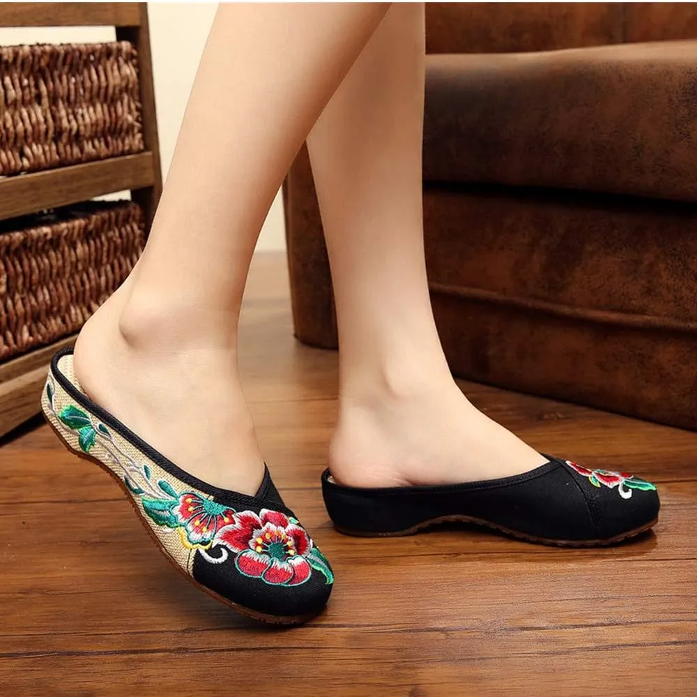 Embroidered Flower Women's Shoes Backless Mules Comfortable Flats Round Toe Loafers Chinese Style Canvas Slippers Cute Sandals