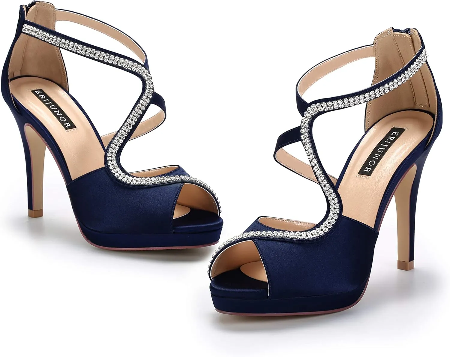 ERIJUNOR High Heel Sandals Peep Toe S-Strap Prom Wedding Evening Shoes