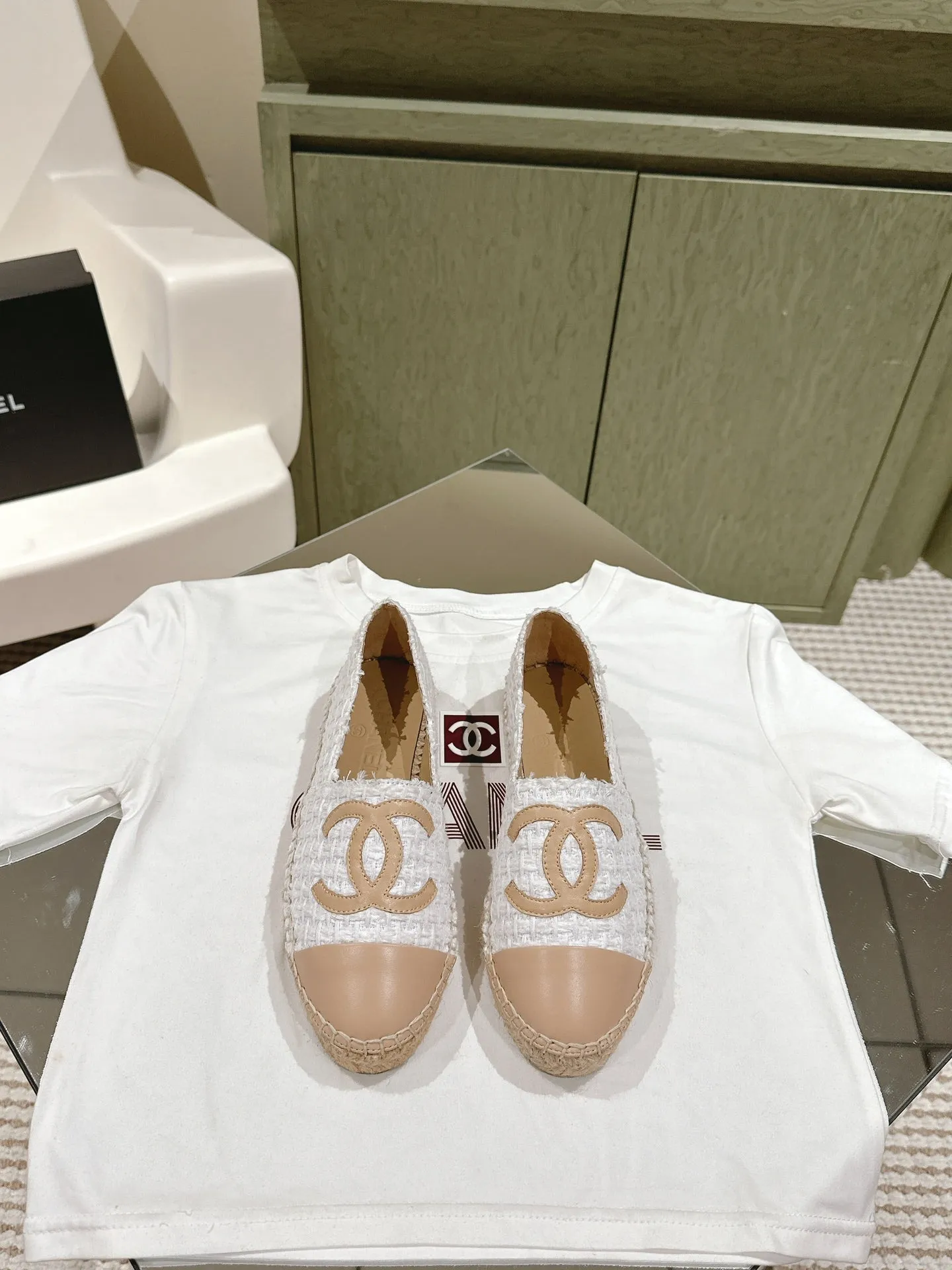espadrilles grey tweed beige calfskin
