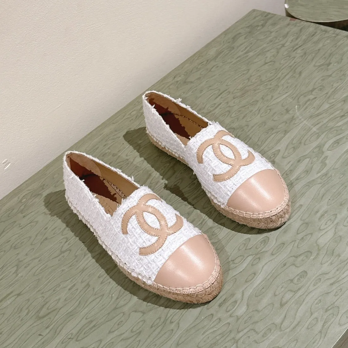 espadrilles grey tweed beige calfskin