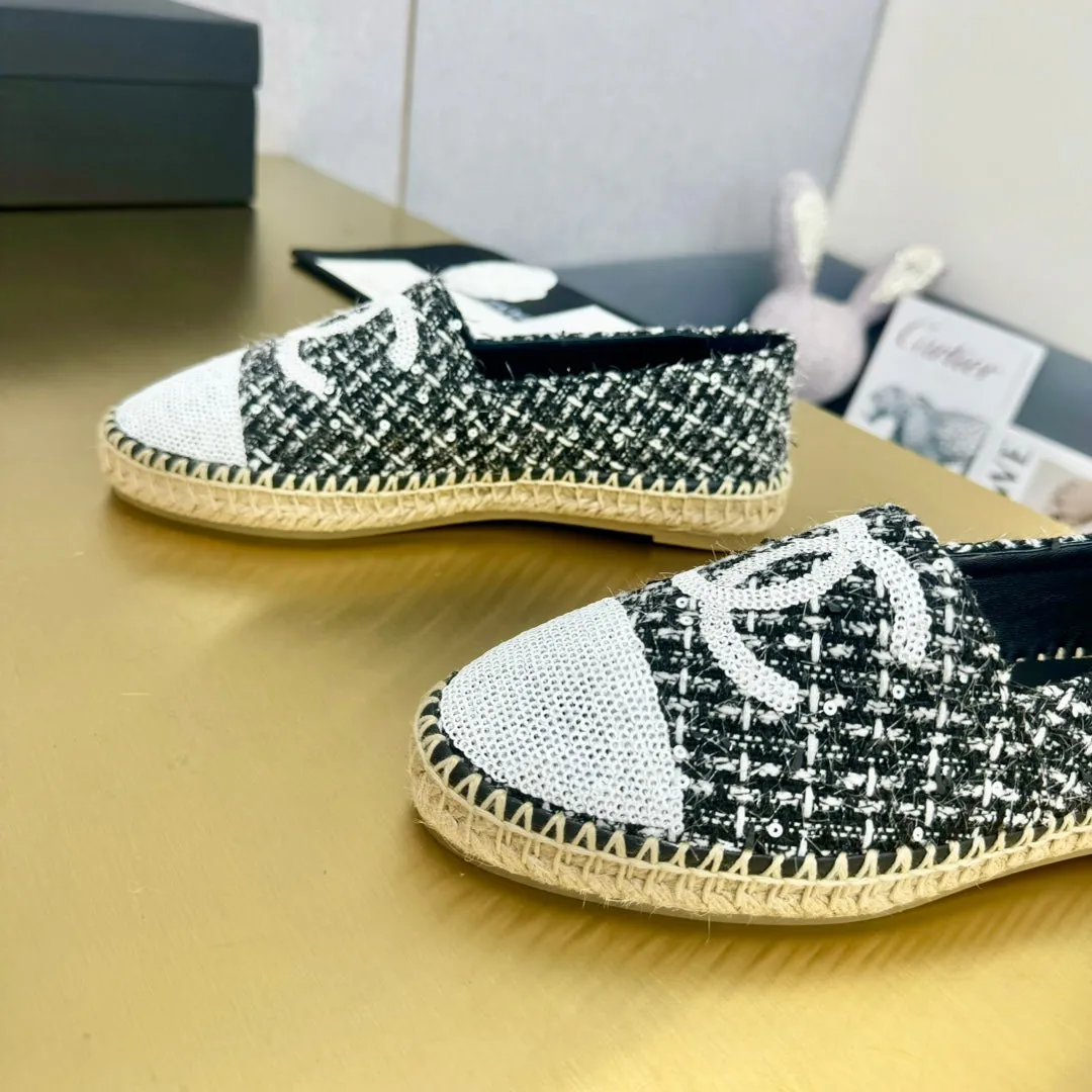 espadrilles white black tweed white sequin