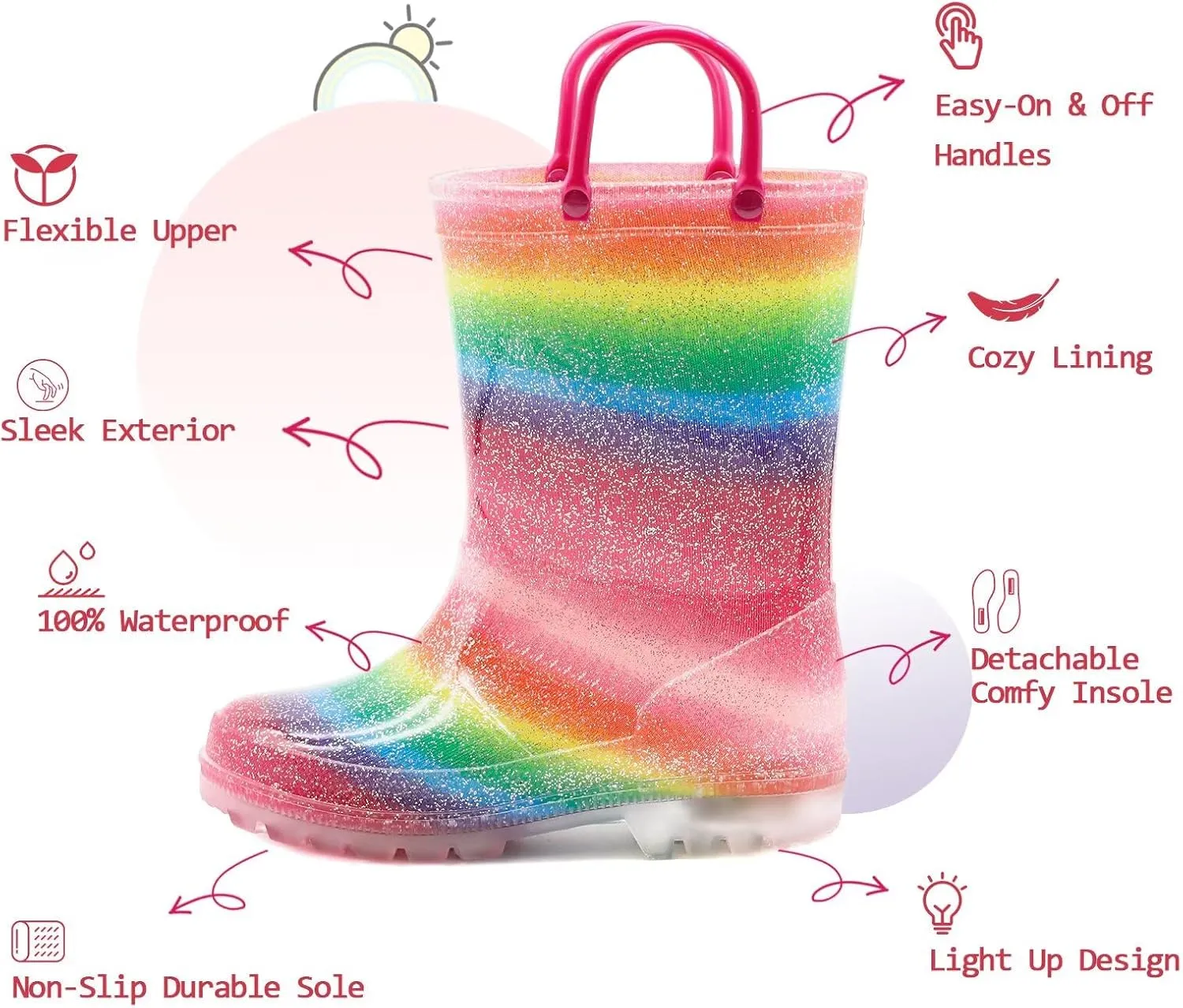 EUXTERPA Kids Toddler Light Up Rain Boots Boys Girls Waterproof Patterns and Glitter Boots with Easy On Handles