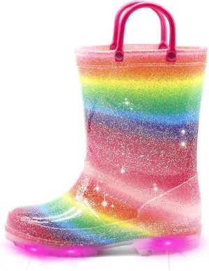 EUXTERPA Kids Toddler Light Up Rain Boots Boys Girls Waterproof Patterns and Glitter Boots with Easy On Handles