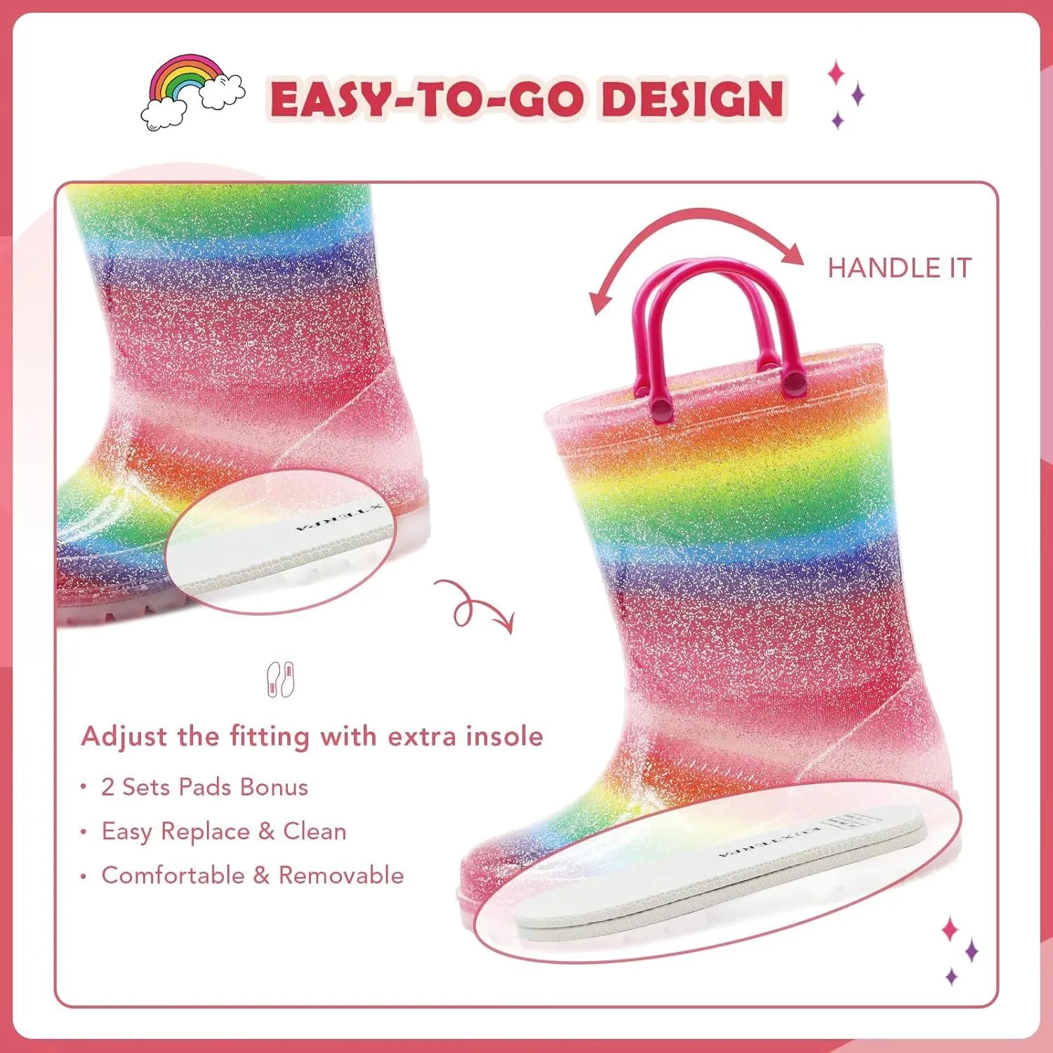 EUXTERPA Kids Toddler Light Up Rain Boots Boys Girls Waterproof Patterns and Glitter Boots with Easy On Handles
