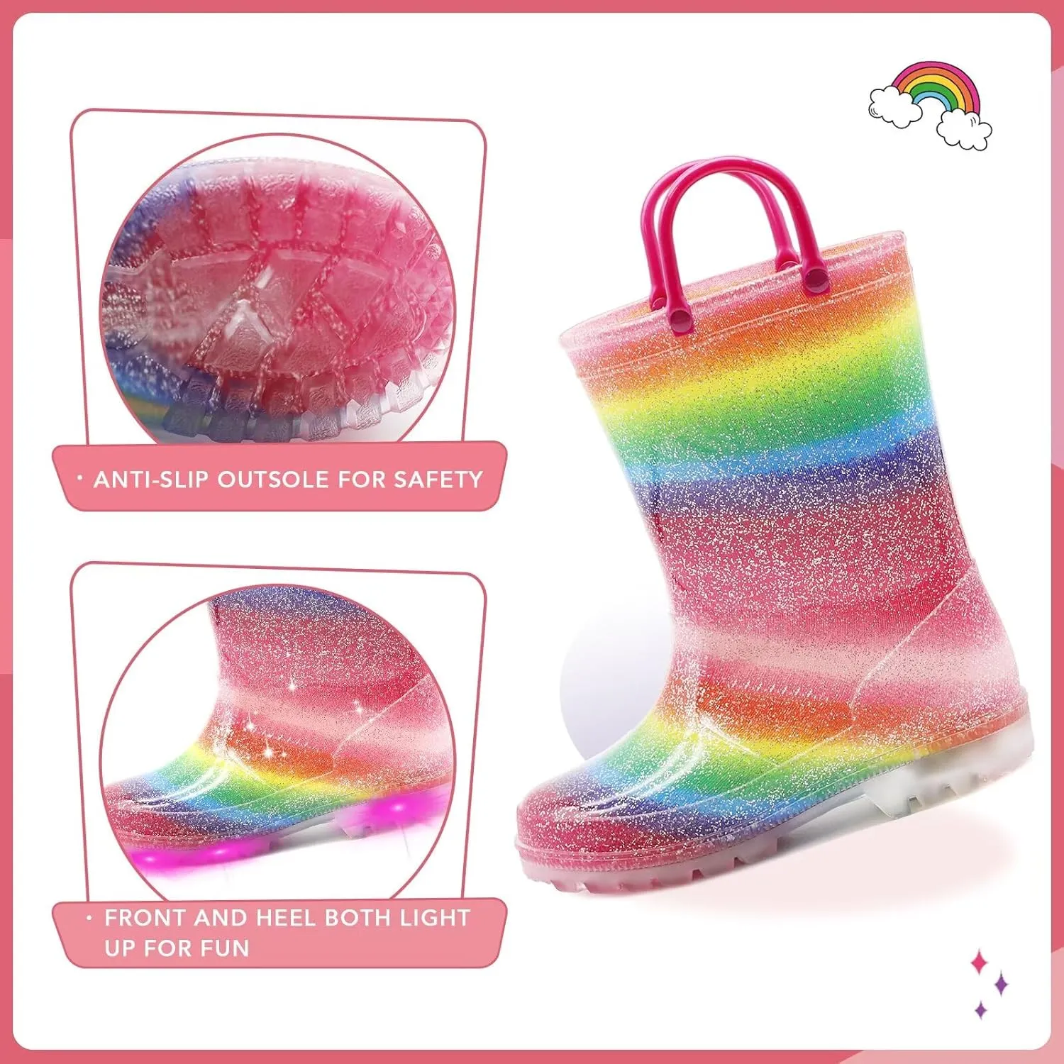 EUXTERPA Kids Toddler Light Up Rain Boots Boys Girls Waterproof Patterns and Glitter Boots with Easy On Handles