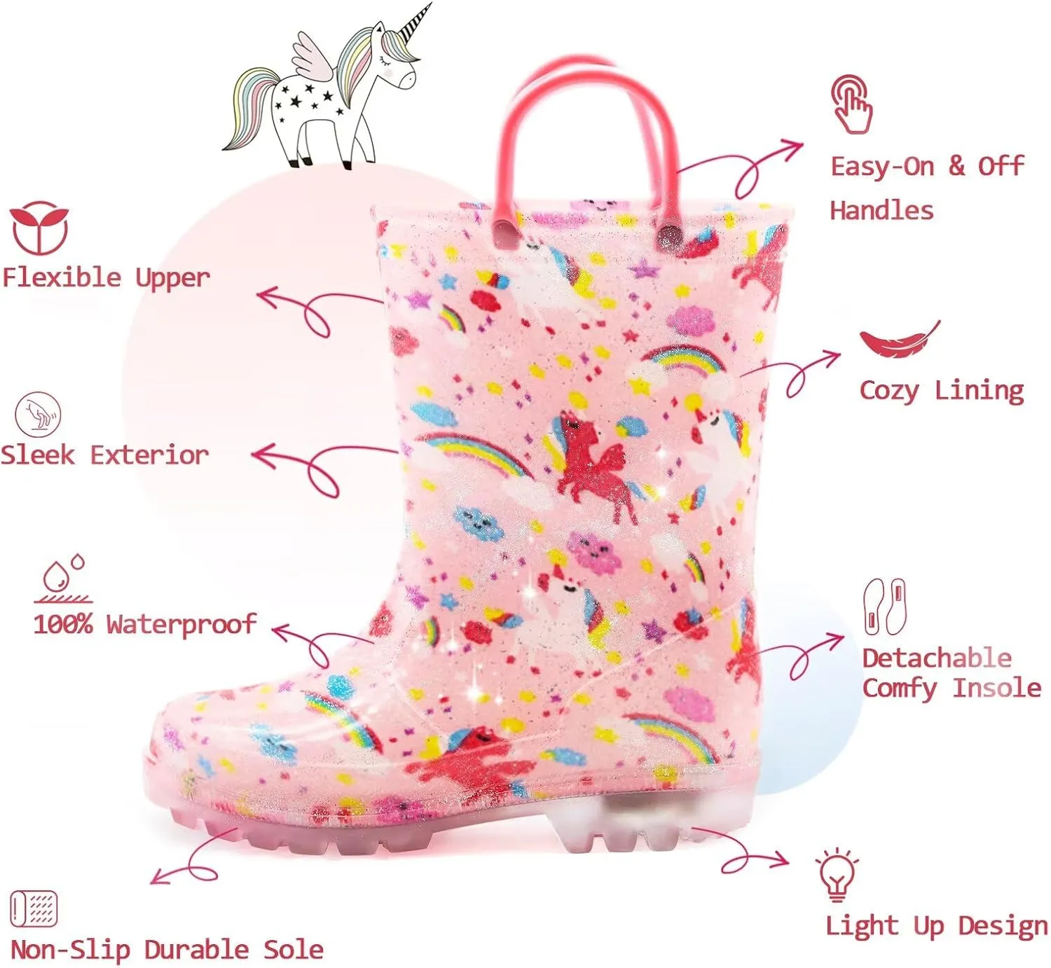 EUXTERPA Toddler Kids Waterproof Light Up Rain Boots Patterns and Glitter Boots with Handles for Boys Girls
