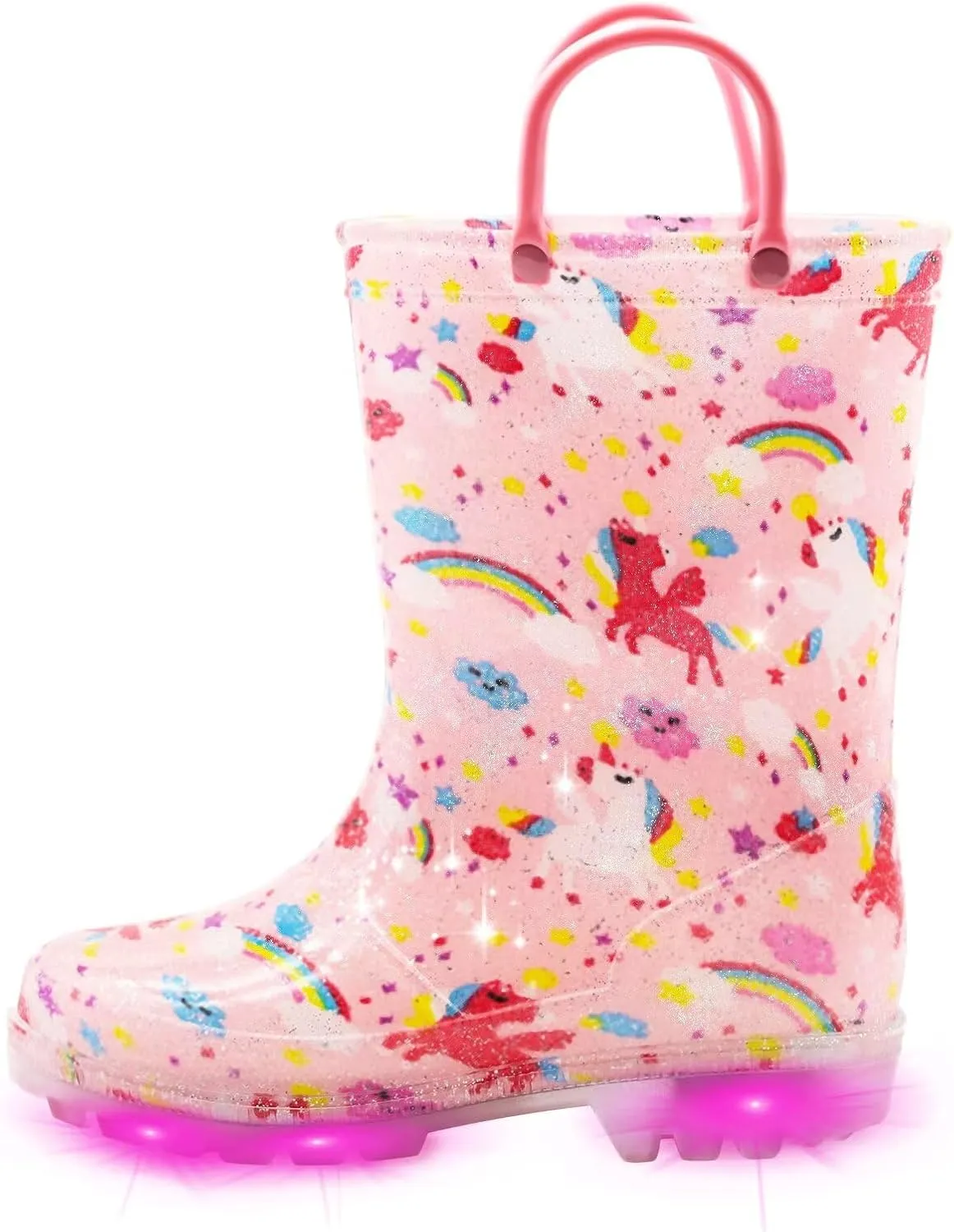 EUXTERPA Toddler Kids Waterproof Light Up Rain Boots Patterns and Glitter Boots with Handles for Boys Girls
