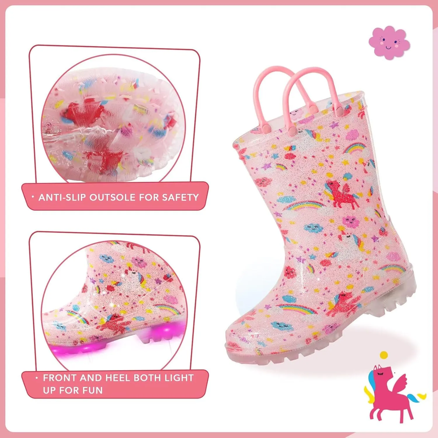 EUXTERPA Toddler Kids Waterproof Light Up Rain Boots Patterns and Glitter Boots with Handles for Boys Girls