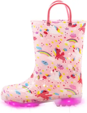 EUXTERPA Toddler Kids Waterproof Light Up Rain Boots Patterns and Glitter Boots with Handles for Boys Girls