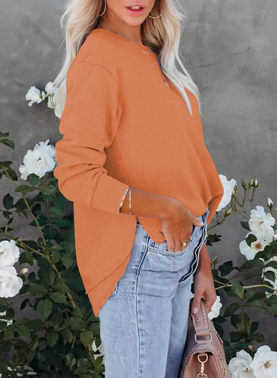 EVALESS Sweatshirt for Women Crewneck Long Sleeve Side Split Tops Casual Solid Color Loose Pullover Shirts 2025 Clothes