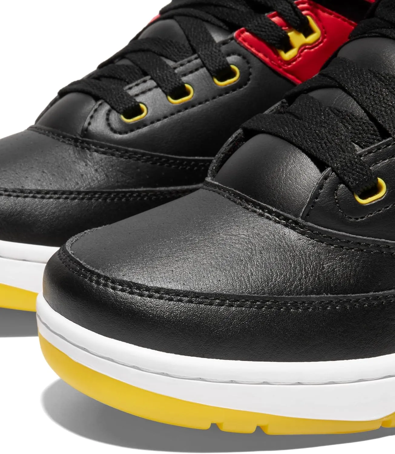 Ewing PATRICK ATHLETICS 33 HI Retro Basketball Sneakers, Black/Red/Yellow/White – '90s Miami Rivalry Inspired, Reversible Strap, Pre-Yellowed Sole