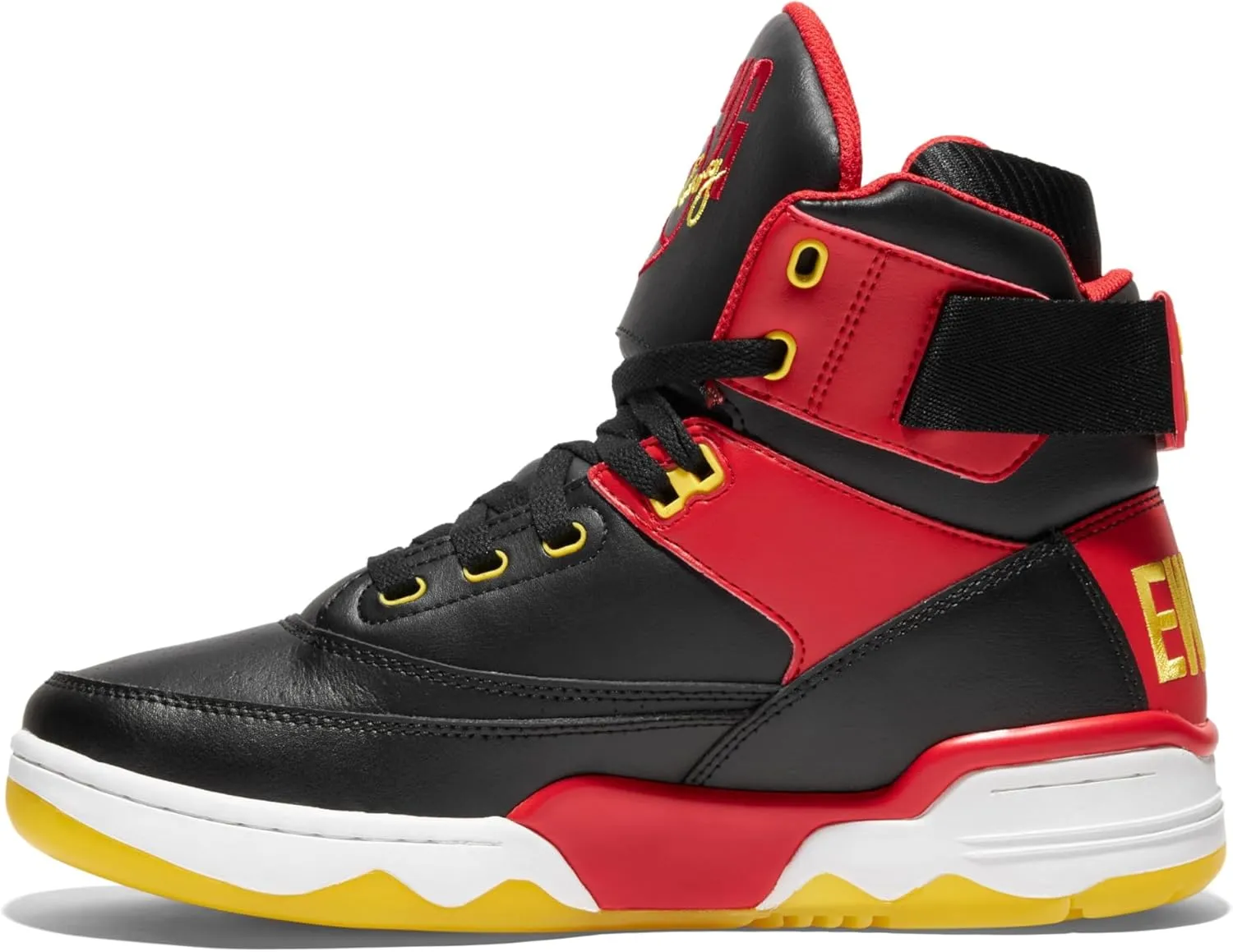 Ewing PATRICK ATHLETICS 33 HI Retro Basketball Sneakers, Black/Red/Yellow/White – '90s Miami Rivalry Inspired, Reversible Strap, Pre-Yellowed Sole