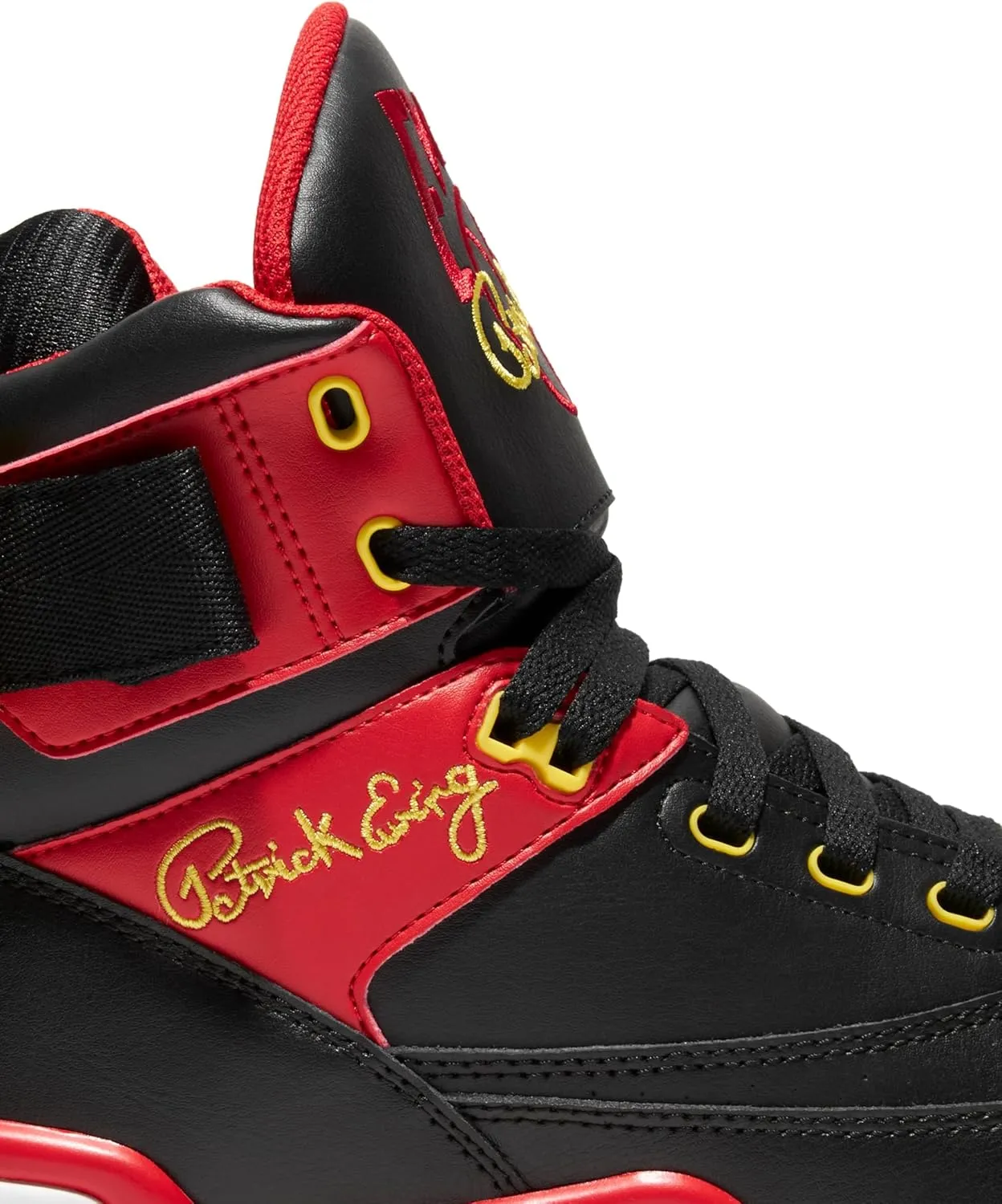 Ewing PATRICK ATHLETICS 33 HI Retro Basketball Sneakers, Black/Red/Yellow/White – '90s Miami Rivalry Inspired, Reversible Strap, Pre-Yellowed Sole