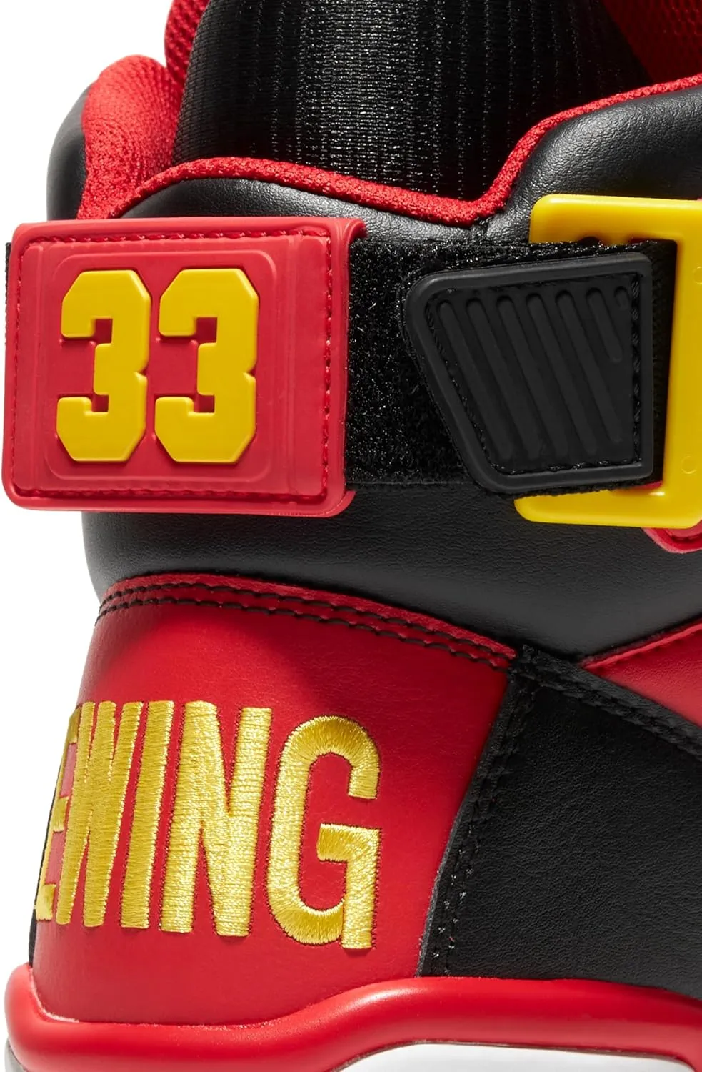 Ewing PATRICK ATHLETICS 33 HI Retro Basketball Sneakers, Black/Red/Yellow/White – '90s Miami Rivalry Inspired, Reversible Strap, Pre-Yellowed Sole