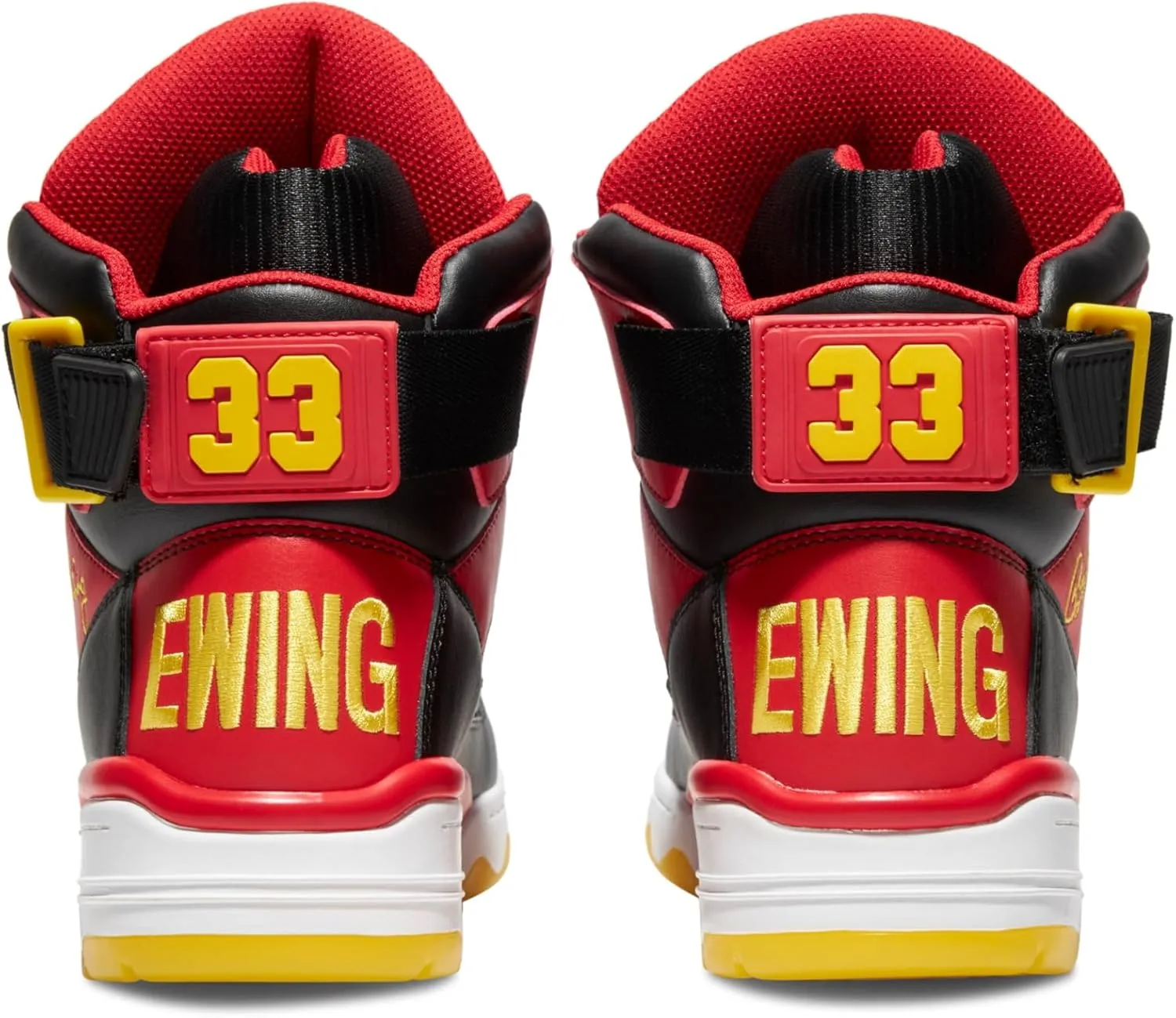 Ewing PATRICK ATHLETICS 33 HI Retro Basketball Sneakers, Black/Red/Yellow/White – '90s Miami Rivalry Inspired, Reversible Strap, Pre-Yellowed Sole