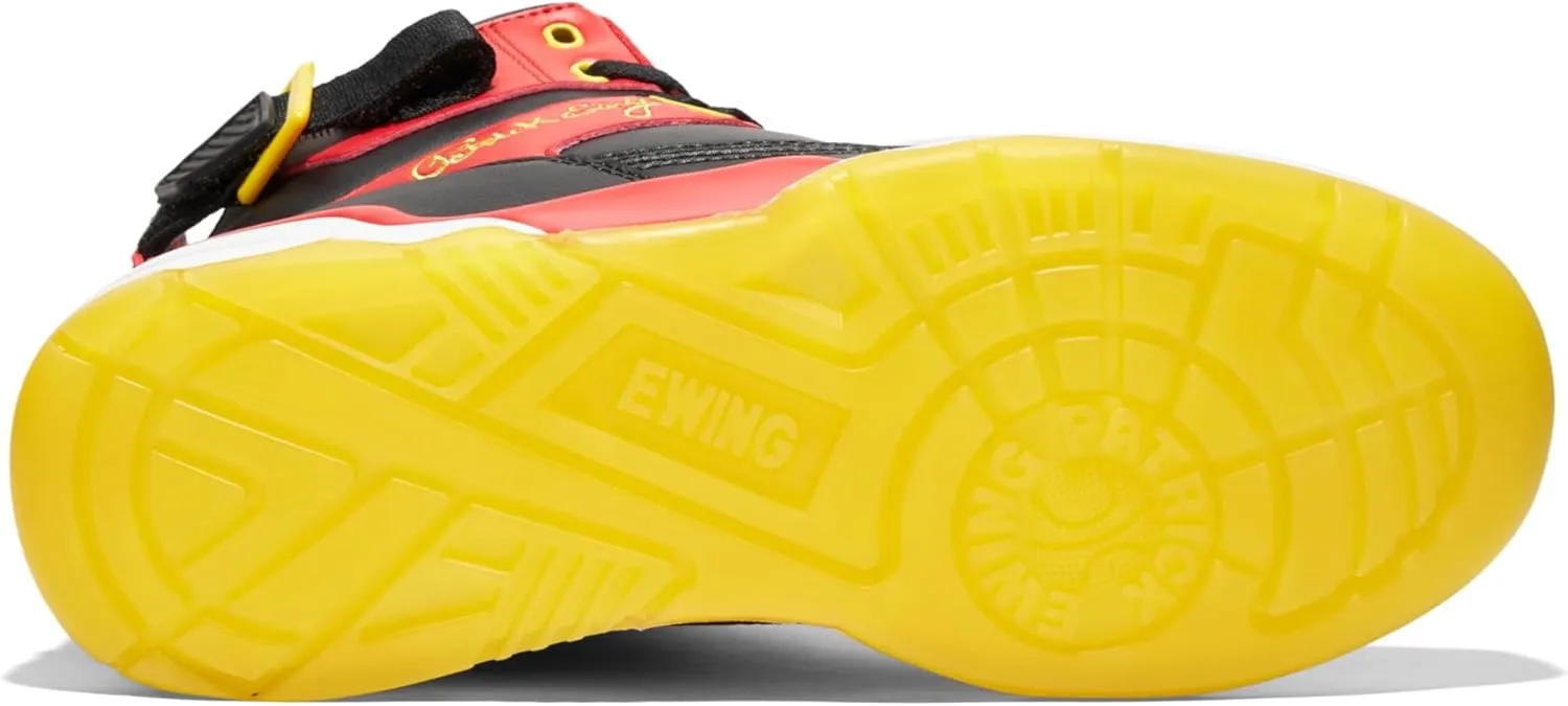 Ewing PATRICK ATHLETICS 33 HI Retro Basketball Sneakers, Black/Red/Yellow/White – '90s Miami Rivalry Inspired, Reversible Strap, Pre-Yellowed Sole