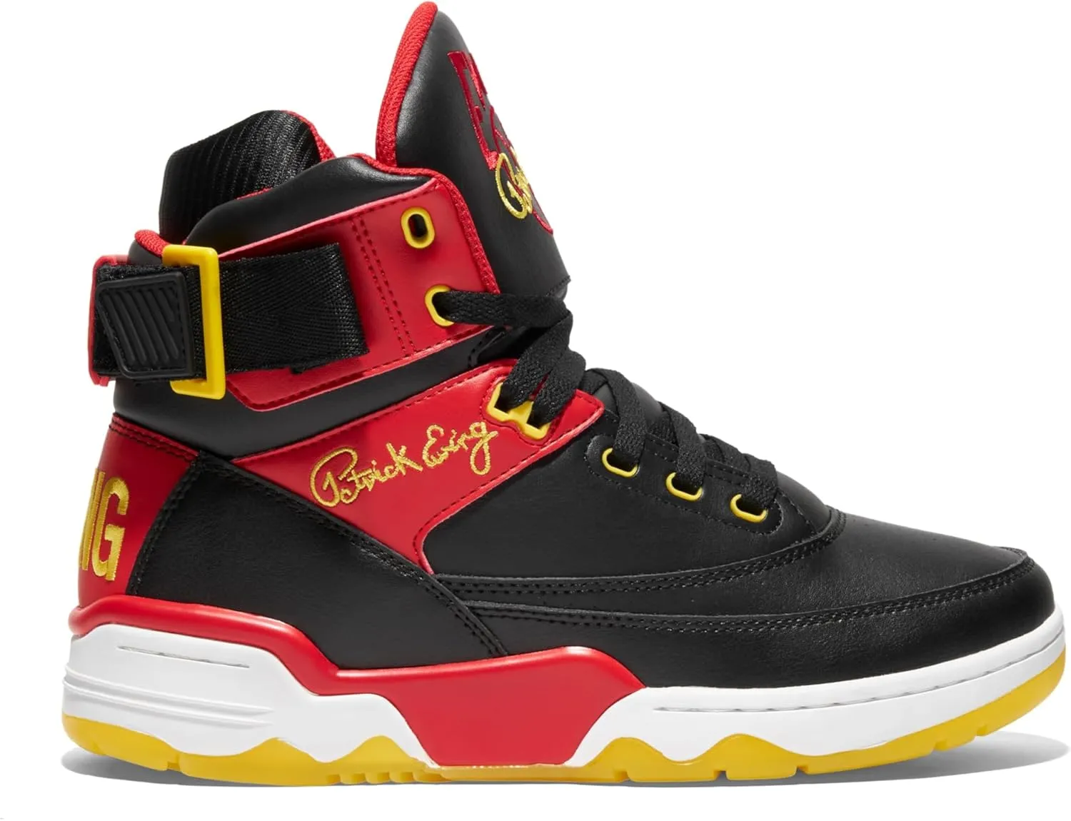 Ewing PATRICK ATHLETICS 33 HI Retro Basketball Sneakers, Black/Red/Yellow/White – '90s Miami Rivalry Inspired, Reversible Strap, Pre-Yellowed Sole
