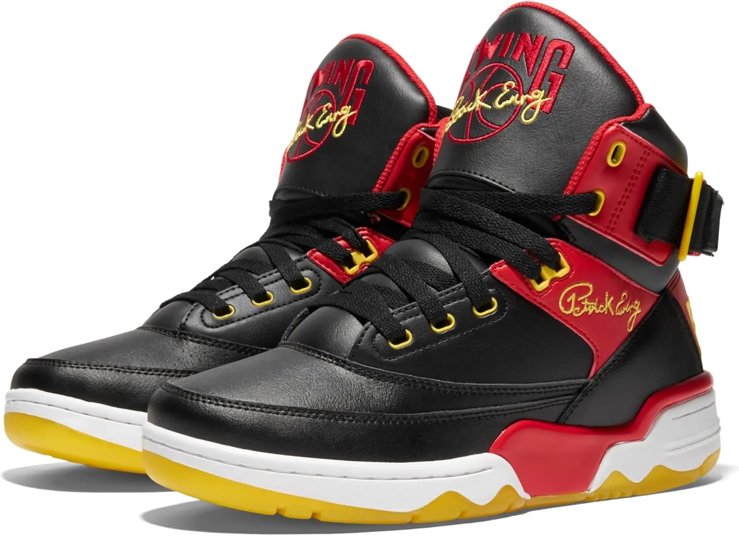 Ewing PATRICK ATHLETICS 33 HI Retro Basketball Sneakers, Black/Red/Yellow/White – '90s Miami Rivalry Inspired, Reversible Strap, Pre-Yellowed Sole