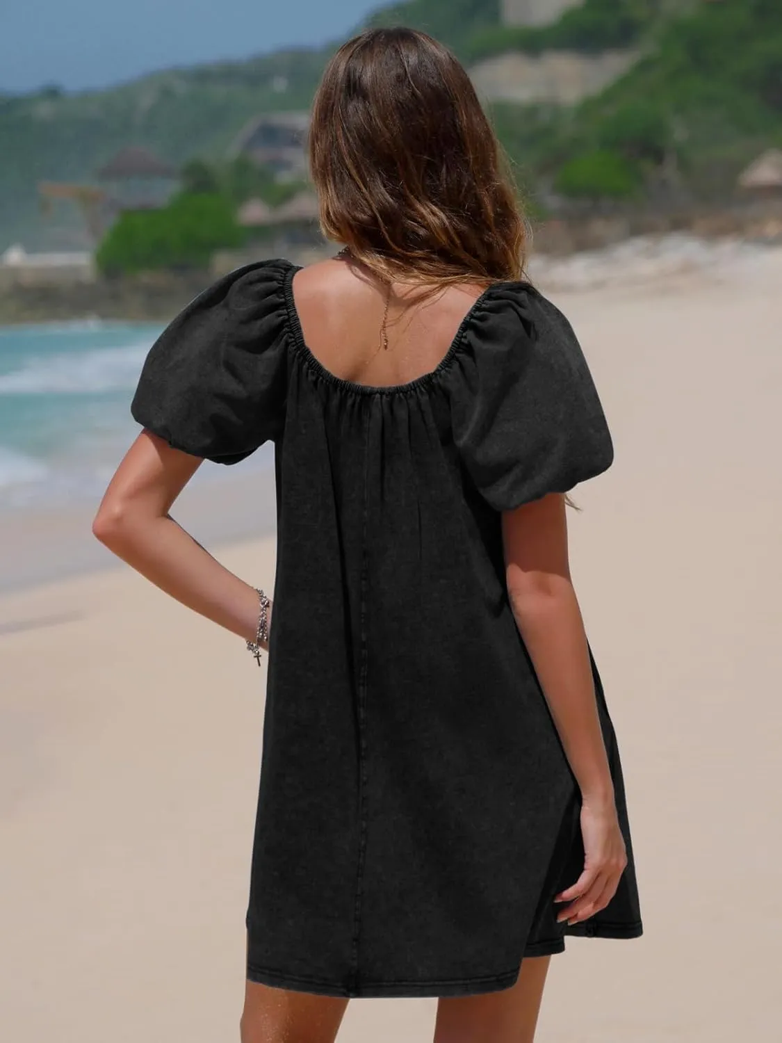 EXLURA Womens Summer Denim Short Puff Sleeve Dresses Knit Loose Plus Size Short Mini Dress 2025 Trendy Outfit