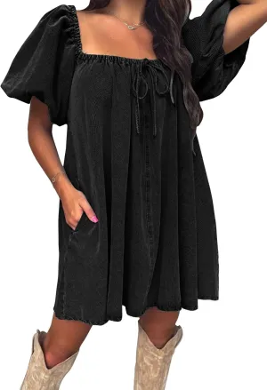 EXLURA Womens Summer Denim Short Puff Sleeve Dresses Knit Loose Plus Size Short Mini Dress 2025 Trendy Outfit