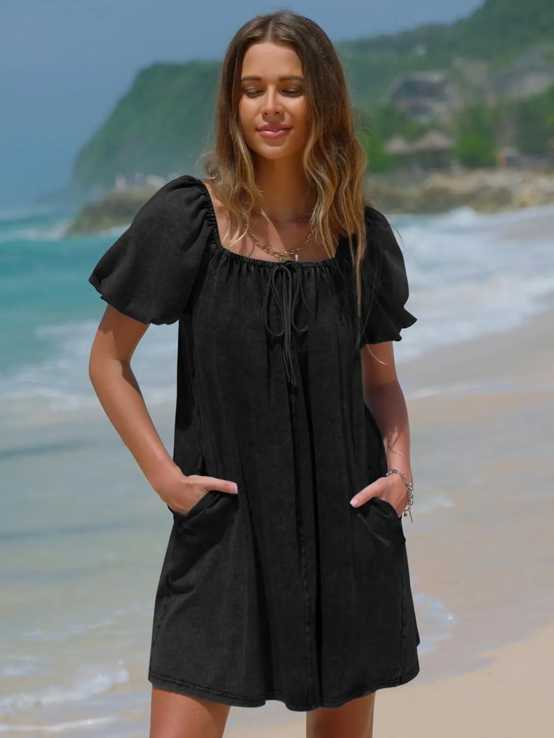 EXLURA Womens Summer Denim Short Puff Sleeve Dresses Knit Loose Plus Size Short Mini Dress 2025 Trendy Outfit