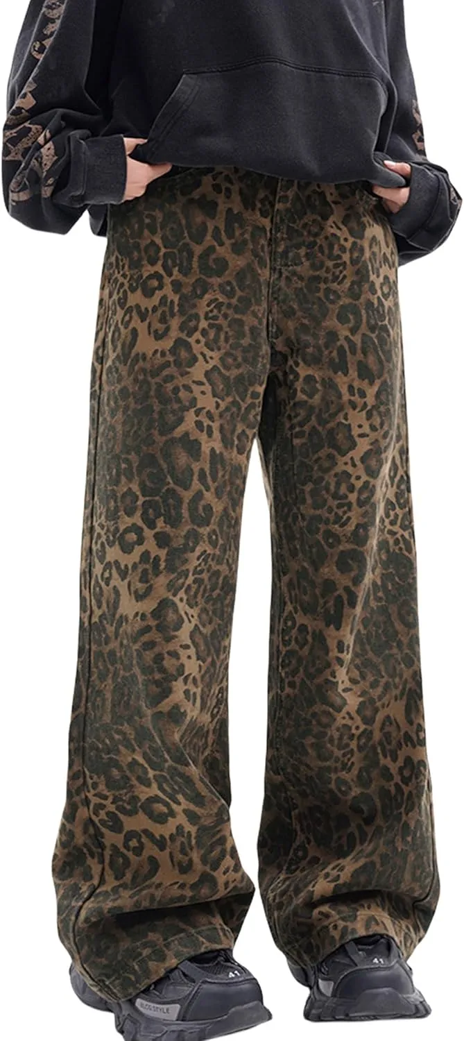 FantasyGears Mens Y2k Leopard Print Jeans Baggy Leopard Jeans Vintage Demin Pants Wide Leg Streetwear Jeans