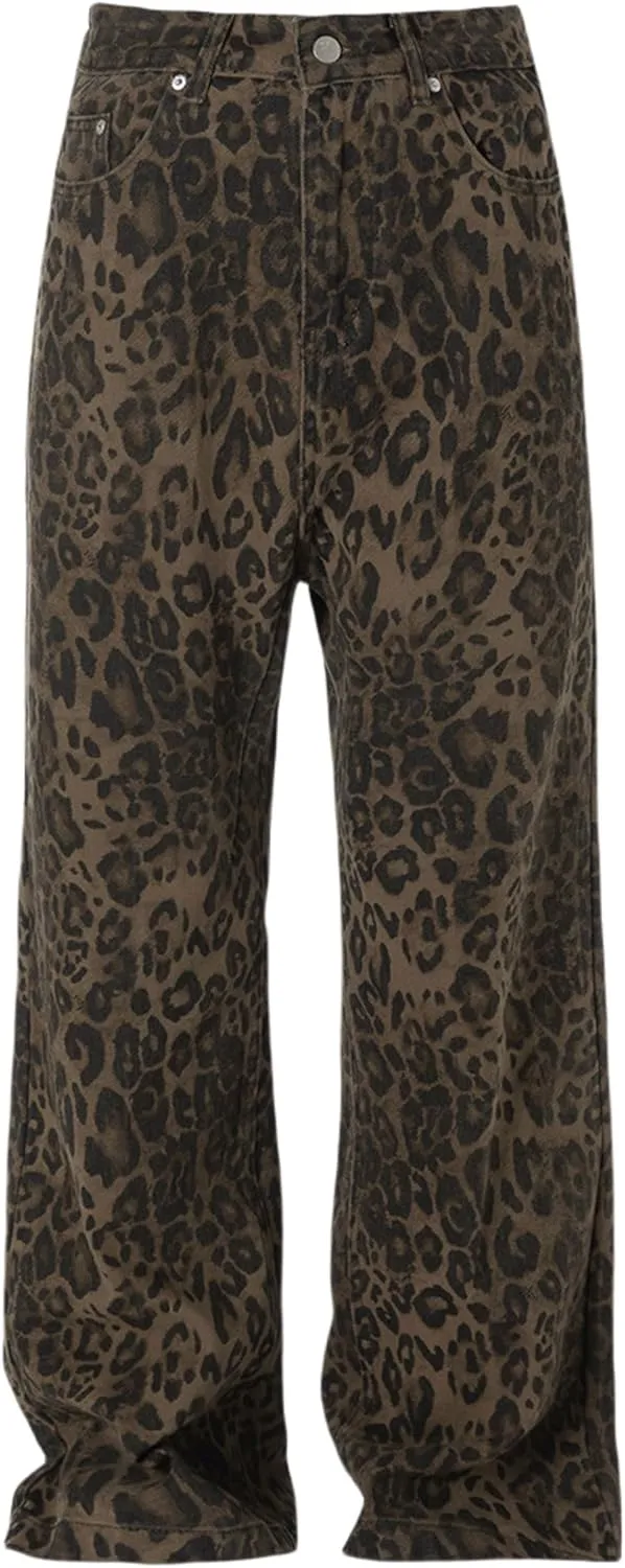 FantasyGears Mens Y2k Leopard Print Jeans Baggy Leopard Jeans Vintage Demin Pants Wide Leg Streetwear Jeans