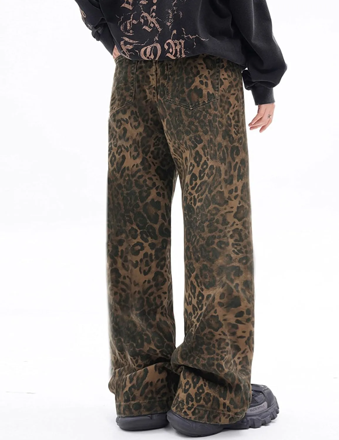 FantasyGears Mens Y2k Leopard Print Jeans Baggy Leopard Jeans Vintage Demin Pants Wide Leg Streetwear Jeans