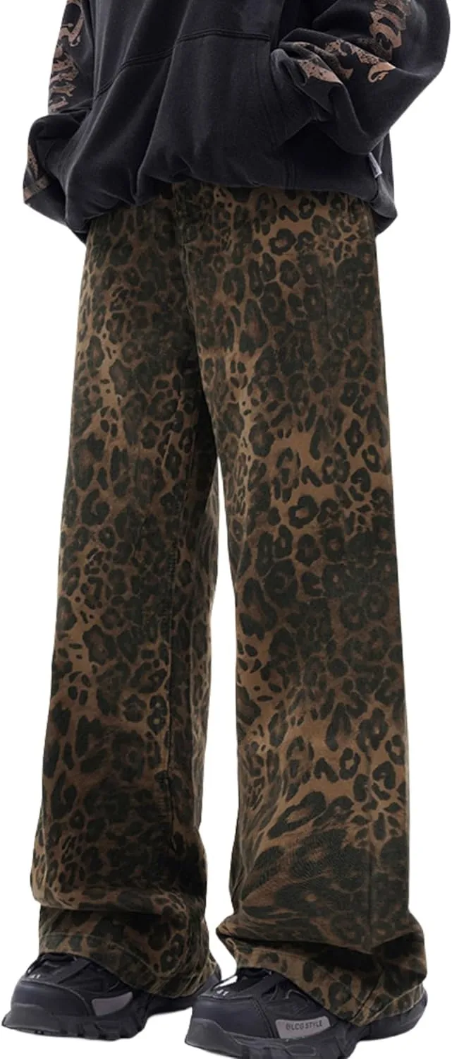 FantasyGears Mens Y2k Leopard Print Jeans Baggy Leopard Jeans Vintage Demin Pants Wide Leg Streetwear Jeans