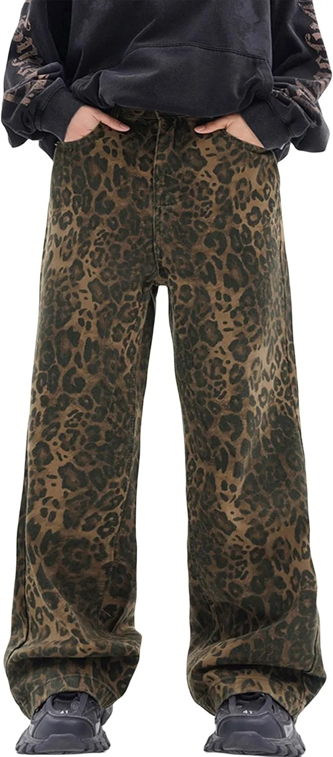 FantasyGears Mens Y2k Leopard Print Jeans Baggy Leopard Jeans Vintage Demin Pants Wide Leg Streetwear Jeans
