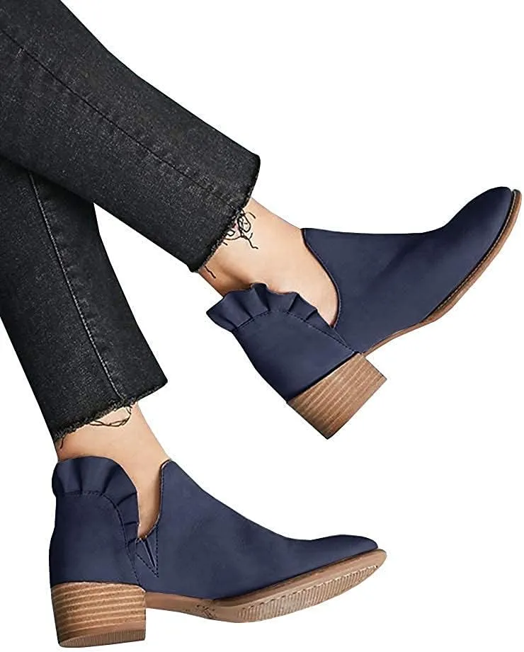 Fashare Womens Fall Cutout Booties Ankle Heels Low Stacked Ruffle Slip On Dress Short Boots Shoes