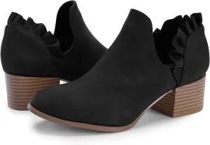 Fashare Womens Fall Cutout Booties Ankle Heels Low Stacked Ruffle Slip On Dress Short Boots Shoes